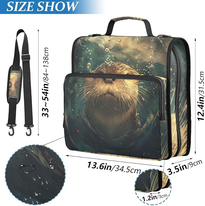 ALAZA Swimming Otters Zipper Binder 1.5 inch 3 Ring Binder Organizer with Shoulder Strap and Handle for Home Office Work