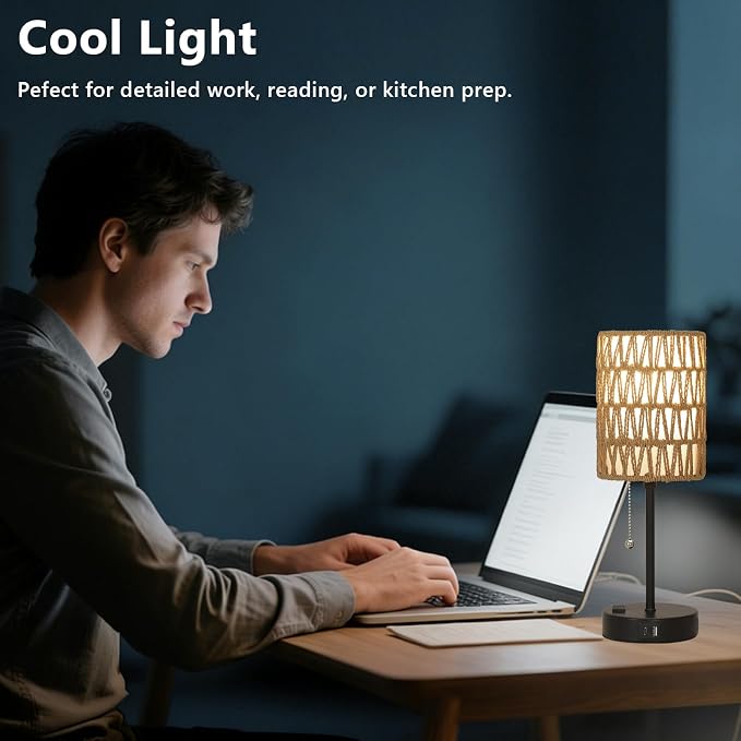 Rattan Bedside Table Lamps Set of 2 - Boho Lamps With 3 Color Temperatures & USB AC Port, Pull Chain Table Lamp For Bedroom, Cute Small Lamp For Nightstand Office Desk Bed Side End Table Living Room