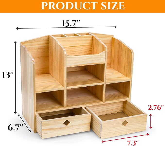 Wooden Desk Organizer with Drawers, 10 Compartments | Countertop Office Supplies Accessories Organization, Multifunctional Storage Box Makeup Storage Shelf Rack for Home, Office