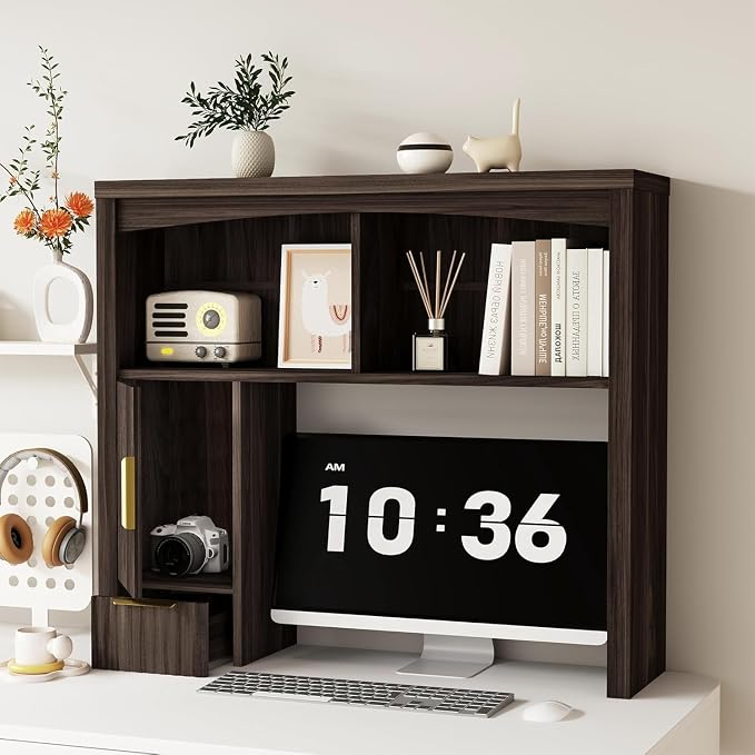 Desktop Shelf, Wooden Desk Hutch with Storage, Desktop Bookshelf | with Cabinet and Drawer, Office Desk Organizer, Space-Saving Organization, Over Desk Storage Shelves for Home, Dorm, Walnut