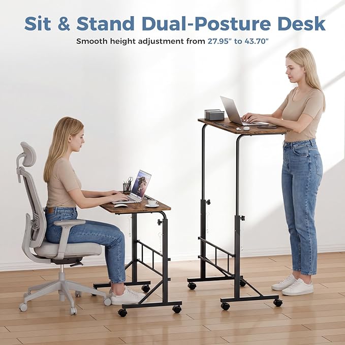 DUMOS 31.5" Walking Pad Desk, Laptop Desk, Home Office | Lockable Wheels, Adjustable Height, Portable Rolling Design, Treadmill Use, Stand Up Style, Rustic Brown