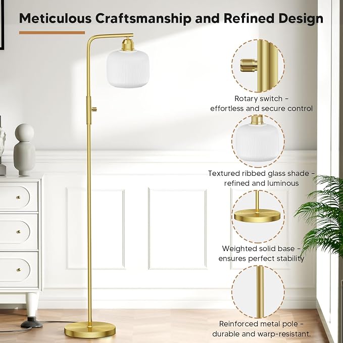 66" Dimmable Gold Standing Lamp with White Ribbed Glass for Living Room | Vintage Floor Lamp with Brushed Gold, Stepless Rotary Switch and 3000K LED Bulb, Arc Floor Lamp for Bedroom & Study Room