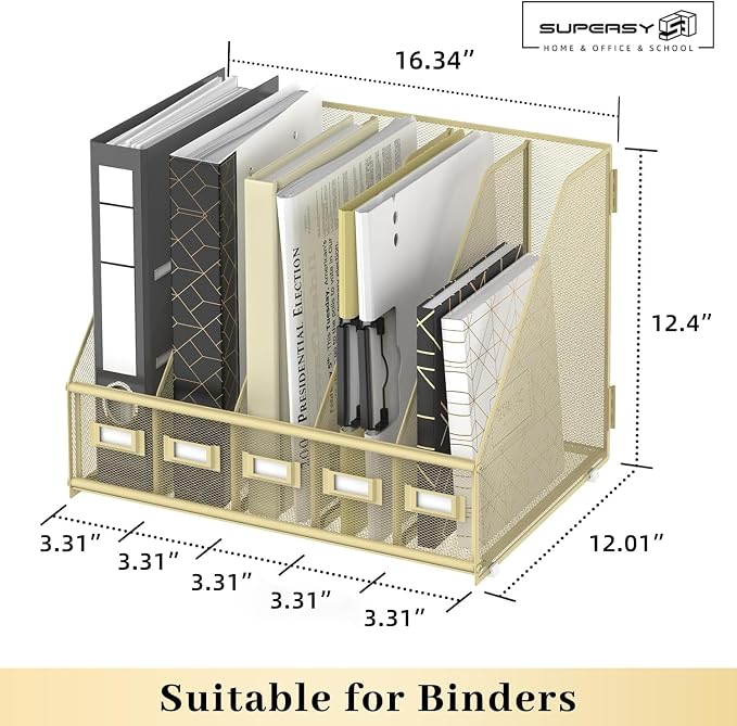 Desk Organizers Metal Desk Magazine File Holder with 5 Vertical Compartments Rack File Organizer for Office Desktop, Classroom, Home Workspace, Golden Yellow, Plus