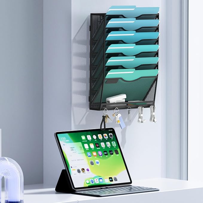 Gawerk 7-Tier Wall File Organizer Hanging Wall File Holder Wall Mount Paper Folder Organize, Mesh Magazine Document Mail Organizer for Office School Home, Black