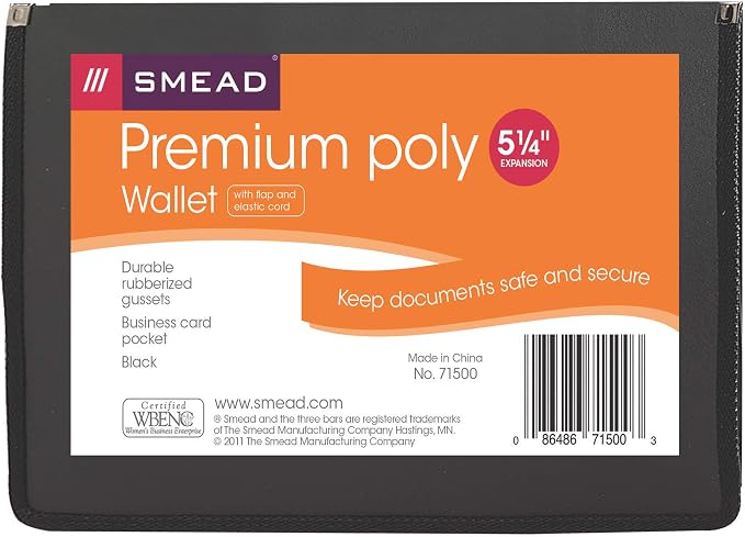 Smead Poly Wallet, Accordion File Organizer for File Folders, Letter Size, Black, 5-1/4 inch Expansion, Office Supplies, Document Organizer (71500) (Pack of 2)
