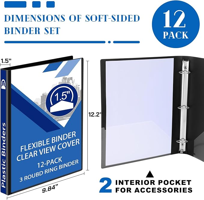 Fulmoon 12 Pcs Economy View 3 Ring Plastic Binder 12.2 x 9.8 Inch Plastic Round Ring Binders with Pockets Notebinder for Meetings for Home, Office, School(Black, 1.5 Inch)
