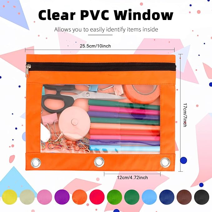 Pencil Pouch for 3 Ring Binder, 24 Pack Pencil Bags with Zipper, Large Capacity Pencil Case for Binder Assorted Color Pencil Case Pouch with Clear Window and Grommets Pencil Pocket for Office Supplies
