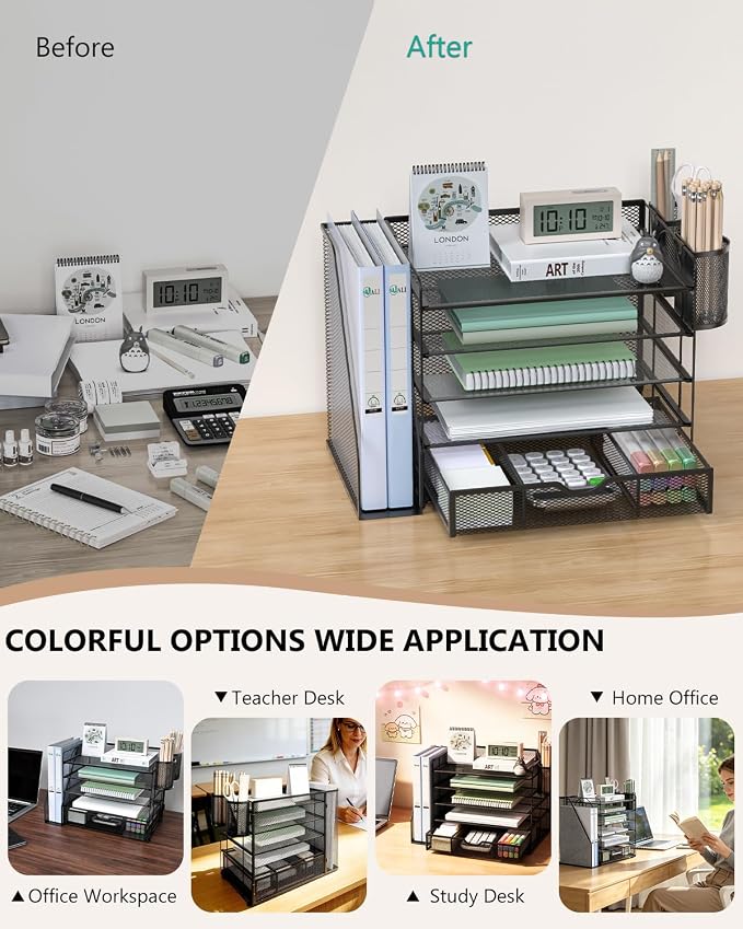WALI Desk File Organizer, 5 Tier Desktop Paper Letter Tray Organizer with Drawer and 2 Pen Holders, Office Desk Accessories & Workspace Organizers for Office, Home Supplies(DO006DH-B), 1 Pack, Black