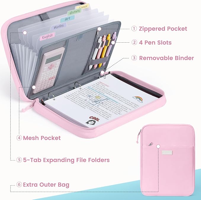 Sooez Zipper Binder Bag, 1 Inch Binders 3 Ring O-Ring, 5-Tab Divider Folder | Expanding File Folder, 500-Sheet Capacity Three Ring Binder, Organizer Storage Student School Classroom Supplies, Dark Blue