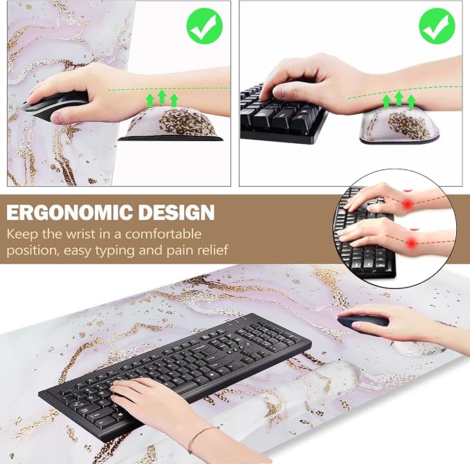 Large Gaming Mouse Pad, Keyboard Wrist Rest Pad & Wrist Support Mousepad Set, Stitched Edge, Extended, Non-Slip Base, Memory Foam,Multifunctional Desk Mat 4pcs for Office & Home, Pink Marble