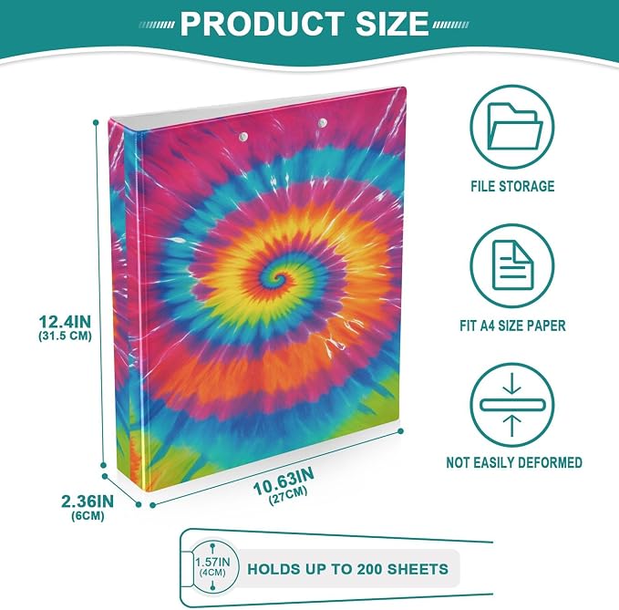 Tie Dye Round Ring Binders 1.5 Inch Rainbow 3 Ring Clipboard Binder for Office School Work Supplies File Folder 200 Sheet Capacity