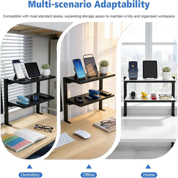 2-Tier Clamp-On Desk Shelf Organizer, Steel 16in Desk Shelf, Large | Heavy Duty, Expandable Above/Under Desk Storage Shelves, Desktop Extender Accessories for Office Study Room and Game Rooms