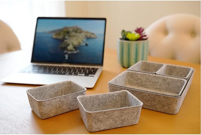 7pc Felt Desk Drawer Organizers Trays Gray Office Home Storage Bins