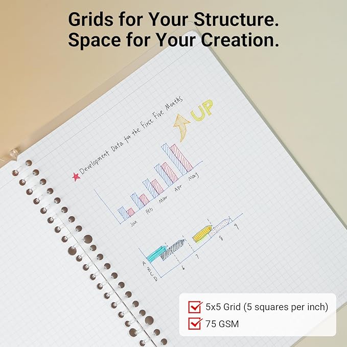 KOKUYO Smart Ring Binder Notebooks, Clear B5 Refillable Notebook, 20 Sheets Each, Plus Extra 50 Sheets 5x5 Graph Loose Leaf Papers, 60 Sheet Capacity, Perfect for School & Work