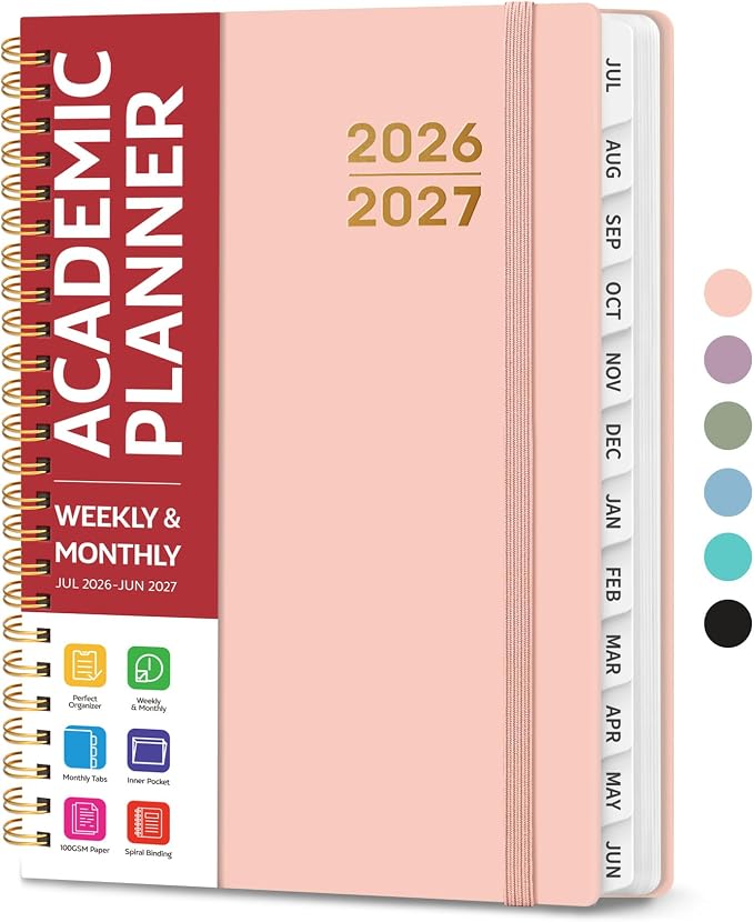 Taja Planner 2026-2027, Jul 2026-Jun 2027 Monthly & Weekly Calendar Book | 6.3" x 8.5", Hardcover Academic Calendar with Tabs, Teacher Student Agenda Book for School Office Supplies - Pink