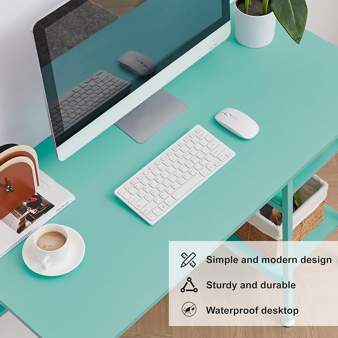 VECELO 43.1 Inch Computer Desk Home Office Blue Study Desk Work Office Table with Shelves Wooden Desk for Bedroom