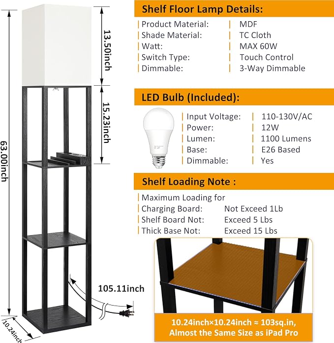 LED Shelf Floor Lamp with USB Charging Ports，Type C Port & Power Outlet, 3 Way Dimmable Touch Control Modern Standing Lamps with Shelves for Bedroom, Living Room | 3-Tier Modern Square Bookshelf Lamp, Corner Standing Light with Power Outlet Dimmable LE...
