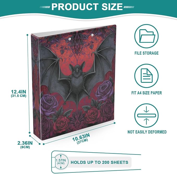 Gothic Bats Rose 3 Round Ring Binders | 1.5 Inch Binder with Clipboard, PVC Pockets, Work Organizer, Holds 200 Sheets for School Office 1 Pack