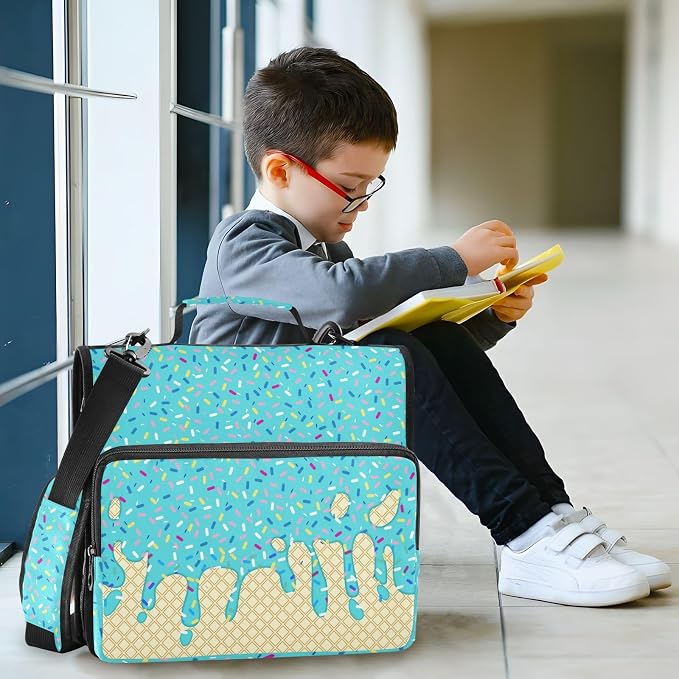 Teal Blue Ice Cream Print 3 Ring Binder Bag 1.5 inch Binder Organizer with Zipper Shoulder Strap 500 Sheet Documents Storage for School Office