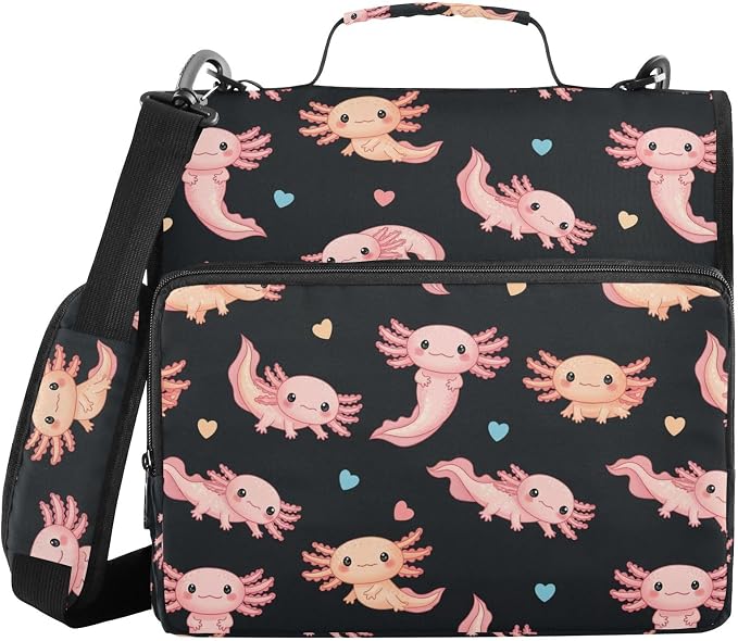 Cute Axolotl Black Print Zipper Binder Bag 3 Ring with Shoulder Strap & Handle Multi Pocket Binder Organizer Bag Large Capacity for School Office Supplies