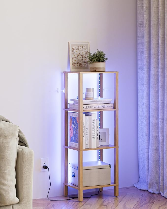 Open Book Shelf with LED Lights, 4 Tier Small Bookshelf, Freestanding Shelf Narrow Bookcase with Open Shelves, 14.96" x 10.63" x 41.26", Book Shelves for Living Room, Office, Study, Oak