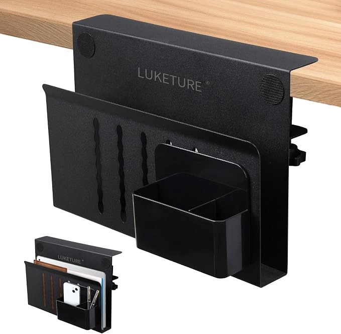 LUKETURE Desk Side Storage Laptop Holder No Drill Clamp On Organizer | Steel Side Desk Organizer, Clamp on Laptop Mount with Pen Holder, Hanging Storage for Home Office, Fits 0.3" to 2.8"
