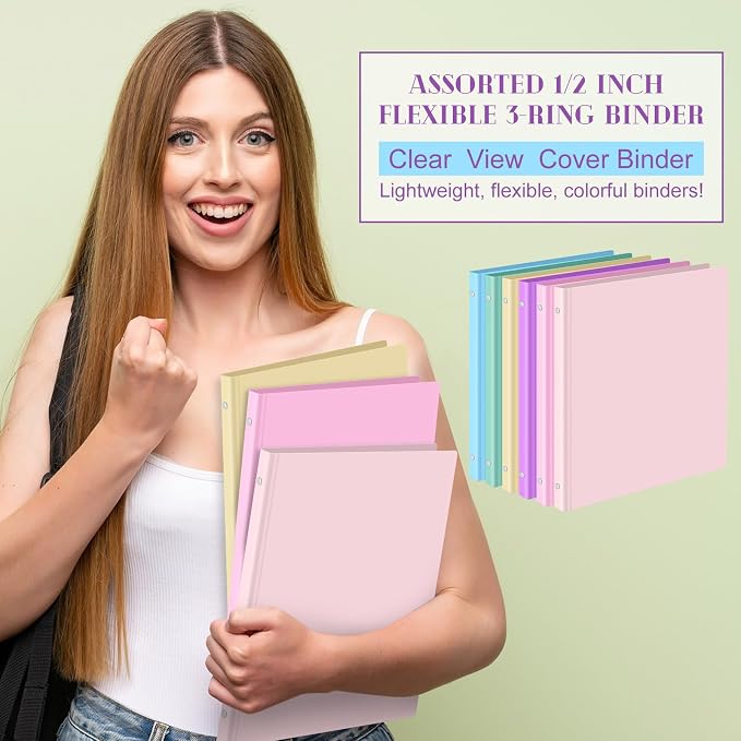 Fulmoon 6 Pack 0.5 Inch Plastic 3 Ring Binders with Pockets, Pastel Colors | Flexible Covers with Round Rings and Front Pockets for Organizing Papers at School, Office, Meetings and Presentations
