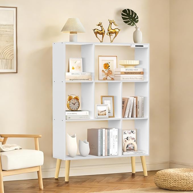 7-Cube Bookshelf with LED Lights, Touch & Remote Control, Freestanding Open Bookcase Storage Shelf, Dimmable Modern Wooden Display Organizer with Legs for Living Room, Bedroom, Office(White)