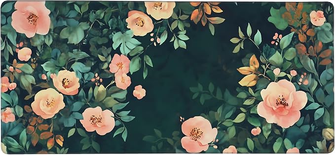 Cute Floral Aesthetic Rose Gaming Mouse Pad, Forest Green Moody Forest Desk Mat with Anti-Slip Base & Stitched Edges,35.4" x 15.7" in Table Mat for Computer Desktop, Beautiful Workstation Decor