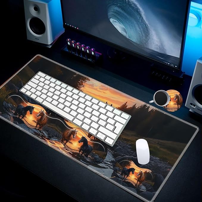 Desk Mat Large Gaming Mouse pad Set 31.5x11.8 inch [4in1Mousepad + Keyboard Wrist Rest+Mouse Wrist Rest+Coaster ] with Ergonomic Desk Pad for Home Office Table Computer - Oil Art Horse