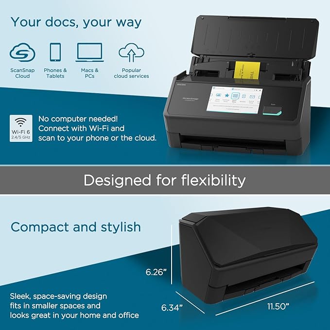 ScanSnap iX2500 Premium Wireless or USB High-Speed Cloud Enabled Document, Photo & Receipt Scanner with Large 5" Touchscreen for Mac or PC, Includes 4-Year Protection Plan