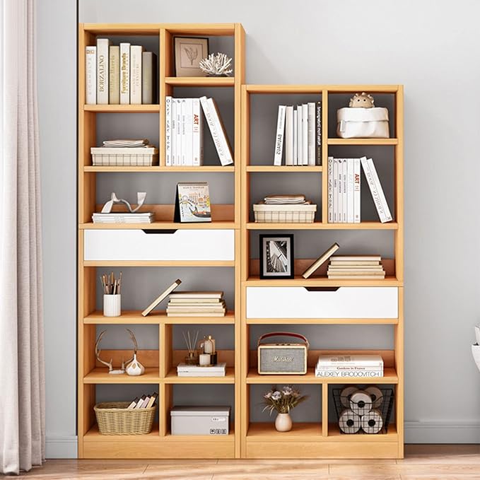 IOTXY Wooden Open Shelf Bookcase - 71 Inches Tall Freestanding Display Storage Cabinet Organizer with 10 Cubes and a Drawer, Floor Standing Bookshelf in Maple Yellow