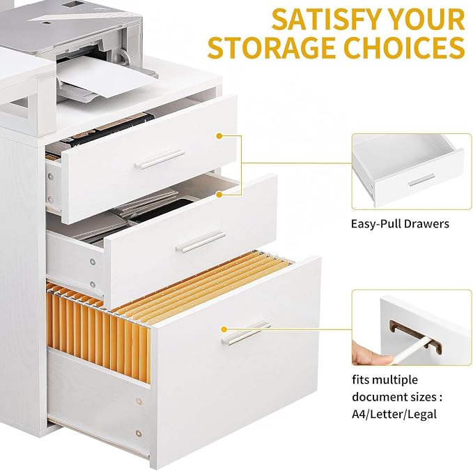 DWVO L Shaped Desk with Drawers | 65" Computer Desk with Power Outlets & LED Lights, Corner Home Office Desk with Storage Shelves & Printer Stand, White