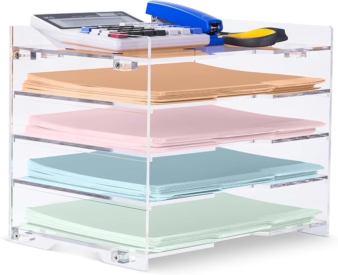 File Paper Organizer Letter Tray For Desk Office Supplies Folder Accessories Storage, Clear Acrylic, For Home School Desktop Organization