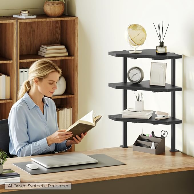 MAHANCRIS Clamp on Desk Corner Organizer, 3-Tier Desktop Shelf, Adjustable Desk Corner Storage Shelf with Metal Frame, for Office, Game Room, Black DSBK5501