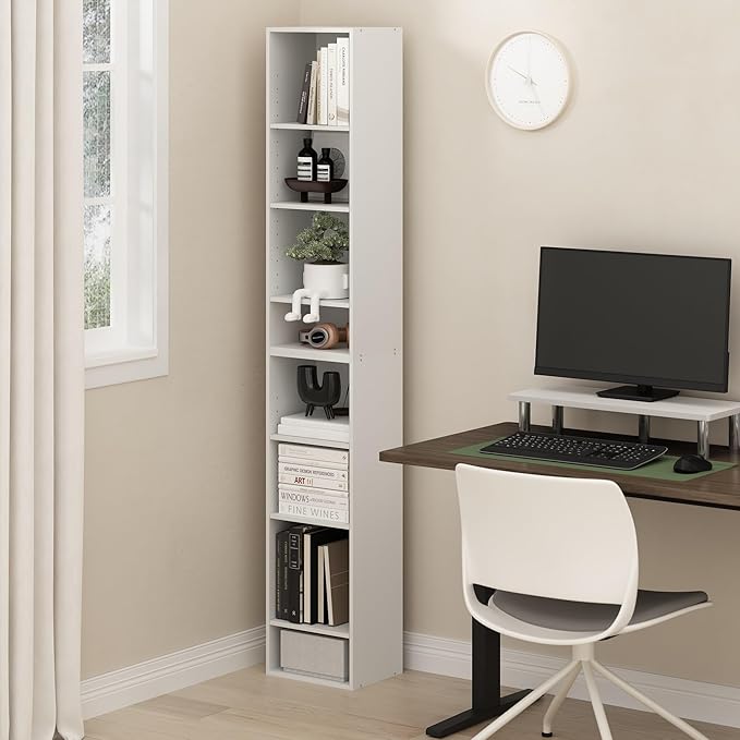 Furinno PASIR Book Shelf, 8-Tier Bookshelf, Bookcase with Open Shelf, 9.3 x 11.8 x 70.9, for Living Room, Bedroom, Home Office, White