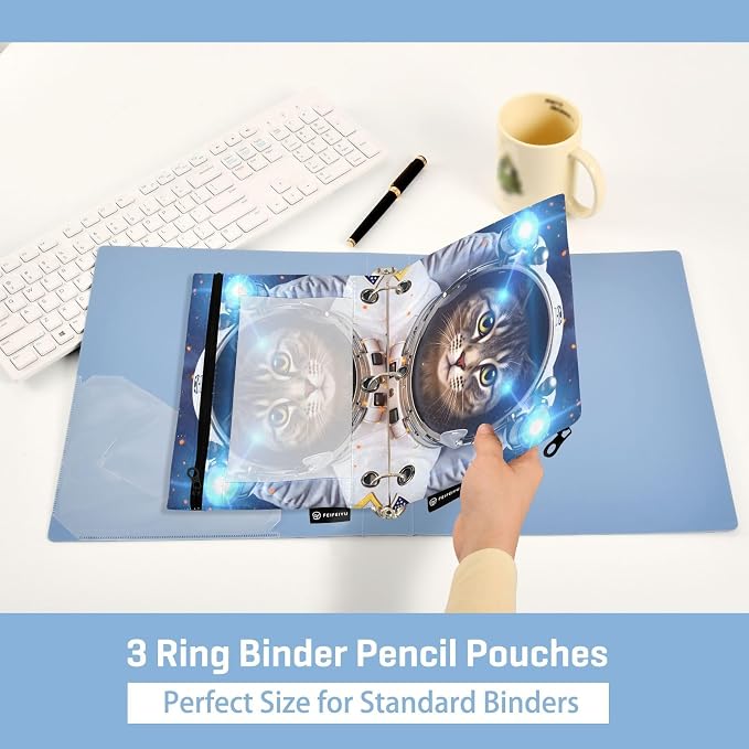 Astronaut Cat Space Pencil Pouch for 3 Ring Binder, 2 Pack Waterproof Pencil Bags Clear Window Zipper School Office Supplies