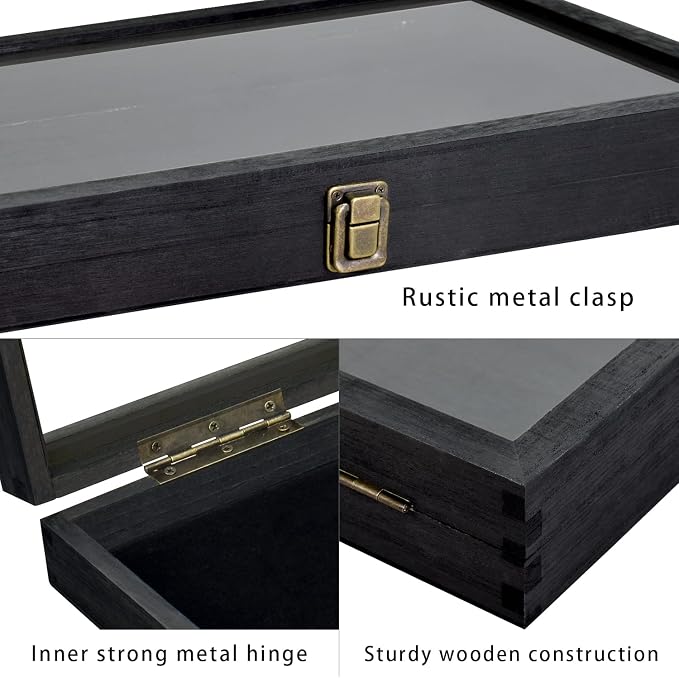 MOOCA 2 Pcs Wooden Jewelry Display Case, Pocket Knife Display Case with Tempered Glass Top Lid and Removable Black Luxurious MDF Velvet Jewelry Pad, Black Color