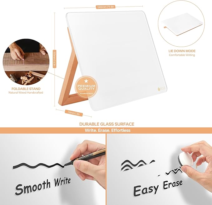 YEOUX Glass Desk Whiteboard with Reversible Wood Stand, Desktop Small White Board, Reusable Mini Dry Erase Board 6.7"x9.5" for Office, Home, School, Marker&Eraser Included