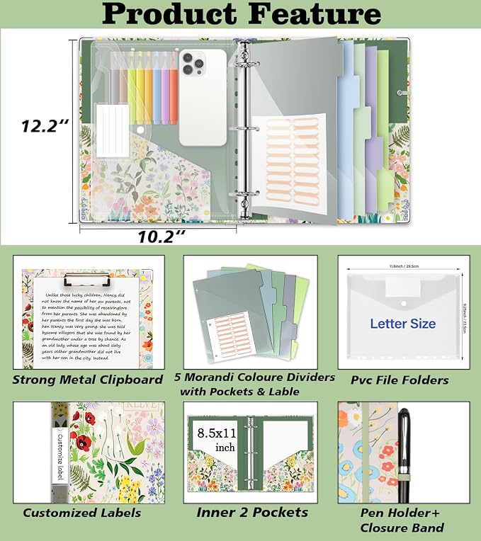 3 Ring 1 Inch Binder Organizer, KLLVE Three Ring Binders with Clipboard, 5-Tabs Pockets Dividers, Plastic Folder, 18 Divider Stikers,Pen Loop (Wildflower, Letter Size)