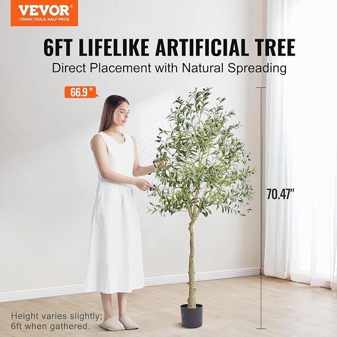 VEVOR Artificial Olive Tree, 6 FT Tall Faux Plant, Secure PE Material & Anti-Tip Tilt Protection Low-Maintenance Plant, Lifelike Green Fake Potted Tree for Home Office Warehouse Decor Indoor Outdoor