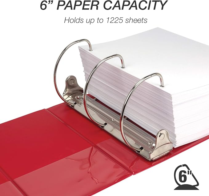 Samsill Durable 6 inch 3 Ring Binder, Locking D Ring Binder, Customizable Clear View Cover, Red, 2-Pack, Holds 1225 Pages