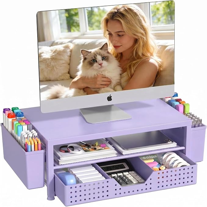 Desk Organizers and Accessories, Computer Monitor Stand Riser with Drawer and 2 Pen Holders, Printer & Laptop Stand, Office Desk Accessories & Workspace Organizers for Home Office Supplies, Purple