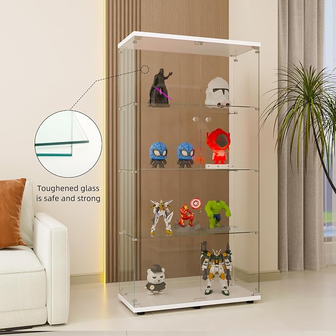 FLYMUHJIA Glass Display Cabinet Kitchen Pantry Storage Cabinet Corner Bar Cabinet with Four Level Double-Door, 64”hx32''lx 14''w White