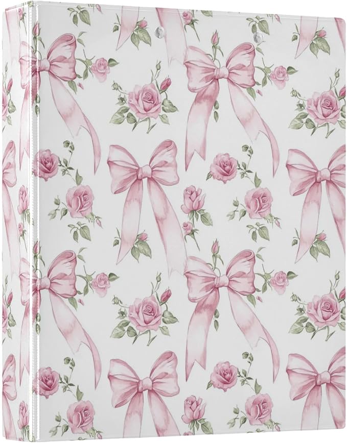 Bows Roses 3 Round Ring Binders Pink | 1.5 Inch Binder with Clipboard, PVC Pockets, Work Organizer, Holds 200 Sheets for School Office 1 Pack