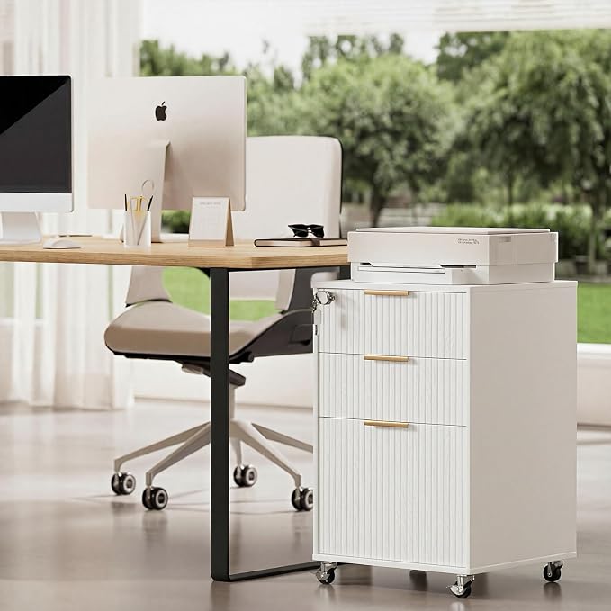 3 Drawers Fluted Mobile File Cabinet with Lock, Rolling File Cabinet Printer Stand Table, Under Desk Wooden Filing Cabinets for Home Office Essentials Storage Organization Furniture Letters/A4(White)