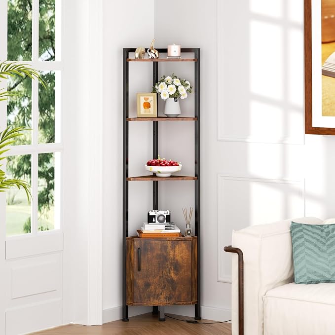 Corner Shelf Cabinet,Corner Bookshelf with Storage and LED Light | 62.8”Tall Wall Shelf Unit,Rustic Wood Display Shelves for Bedroom,Living Room,Kitchen,Metal Frame,Easy to Assemble
