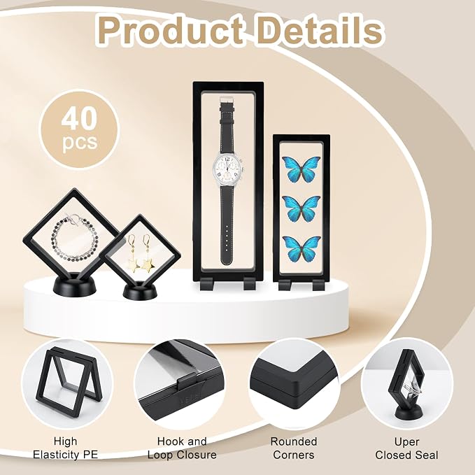 40 Pcs Floating Display Case, 3D Challenge Coin Holder Frame | PE Film, Black, Storage Box with Stands, Perfect for Preserving and Displaying Jewelry, Rocks, Medallion, Shells, Gems, Pins
