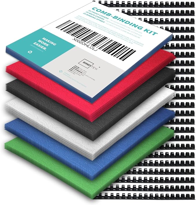 Binditek Binding Covers and Combs Kit, 8.5 x 11 Inches, 74 Pack | Binding Covers and Comb Spines Set: 25 8Mil Clear PVC Covers, 25 Color Paper Covers and 24 1/2 in Combs for Reports