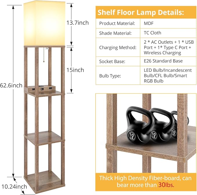 Shelf Floor Lamp with Wireless Charger, USB, Type C, AC Port, Wood | Fast Charging USB Ports & Type C Port & 2 Power Outlets, 3 Tier Storage Shelf Lamp, E26 Base, 60W Max(Bulb Not Included)